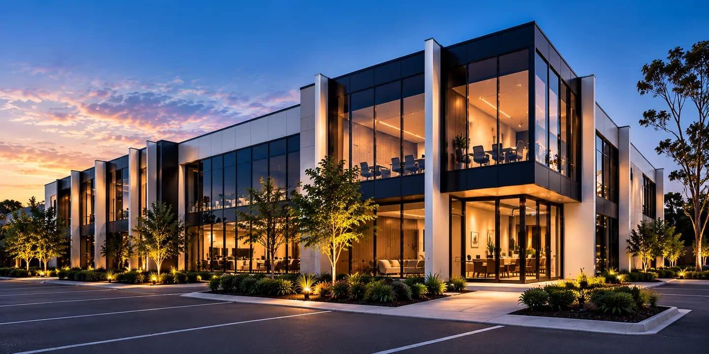 AI-generated design imagery of a modern office complex at dusk