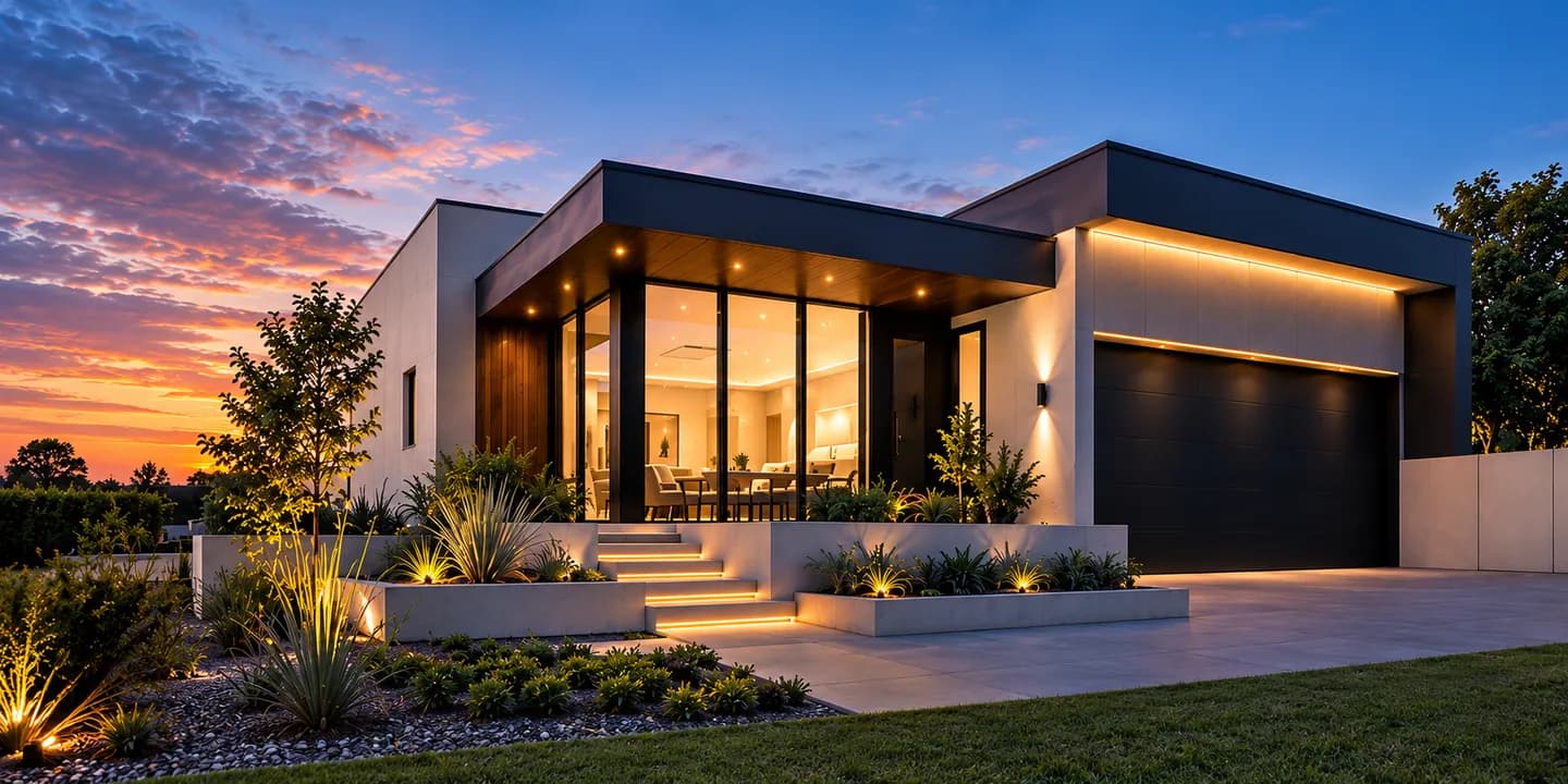 AI-generated design imagery of a contemporary custom home at twilight