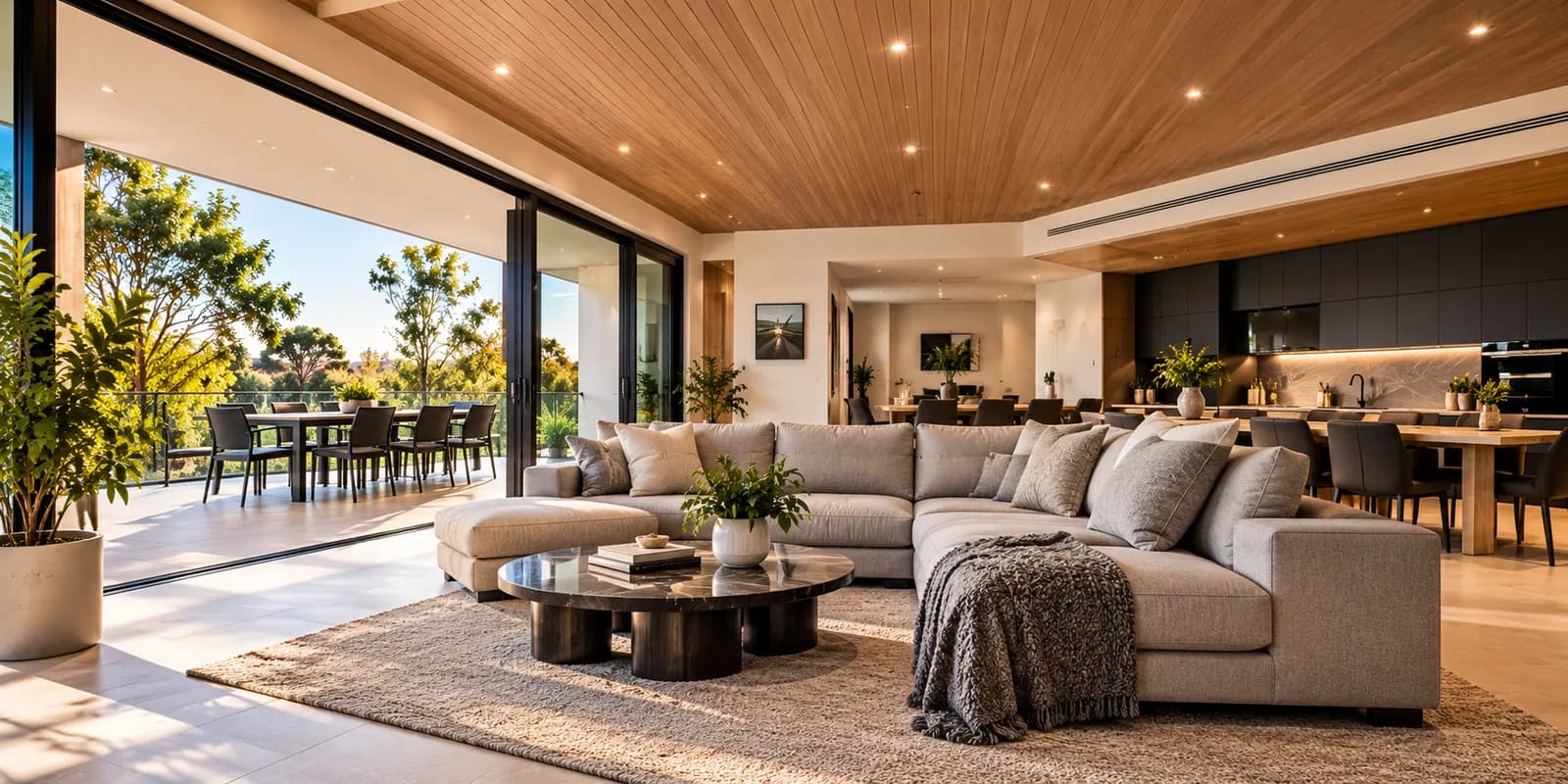 AI-generated design imagery of a contemporary indoor-outdoor living space