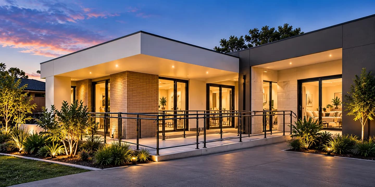 AI-generated accessible home concept with an entrance ramp and handrails at twilight