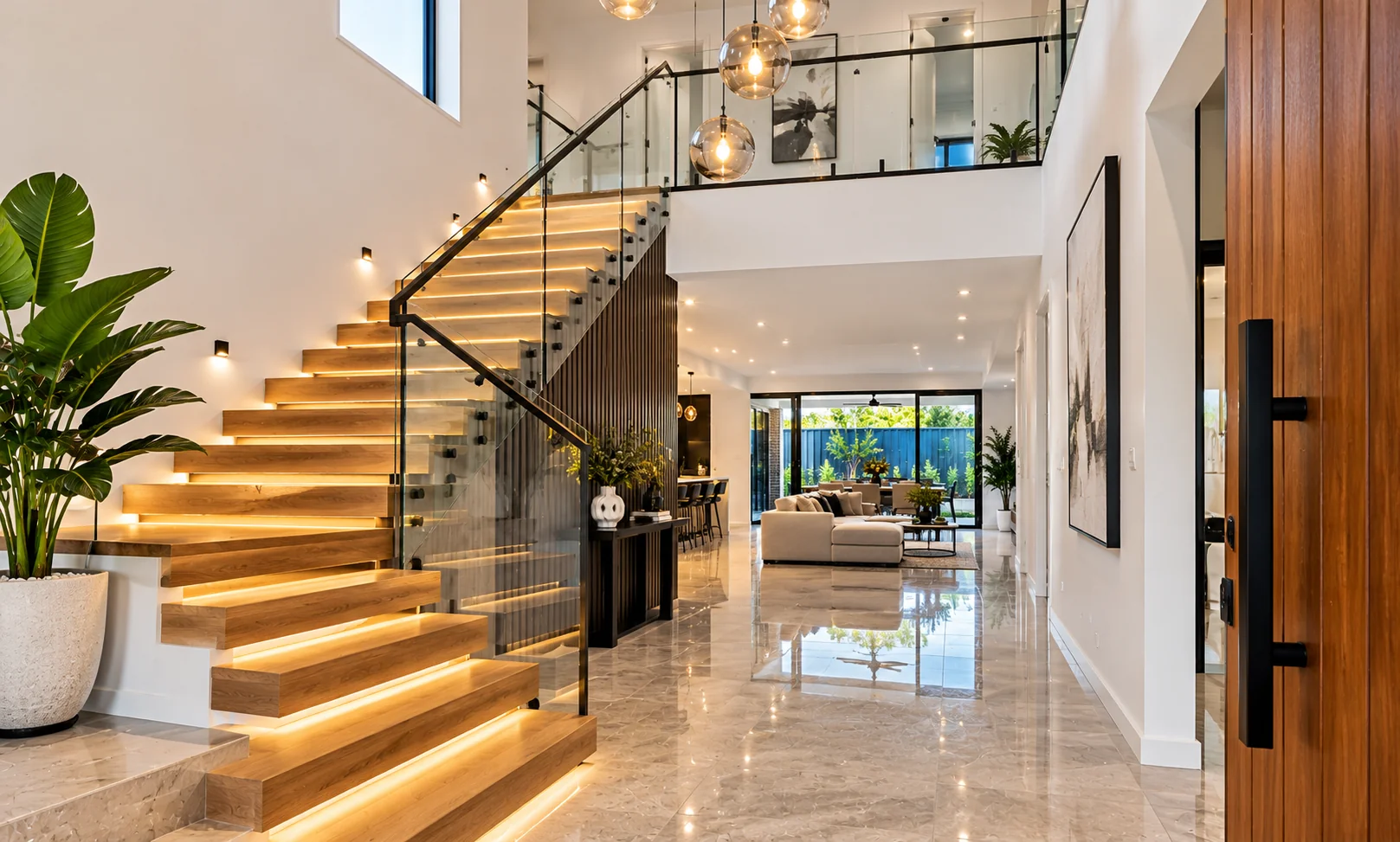 Home entry with a floating staircase and open-tread design