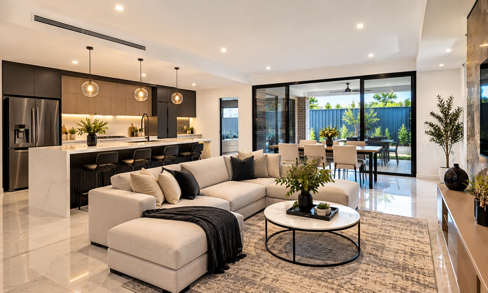 AI-created illustrative concept of luxurious open-plan living and kitchen