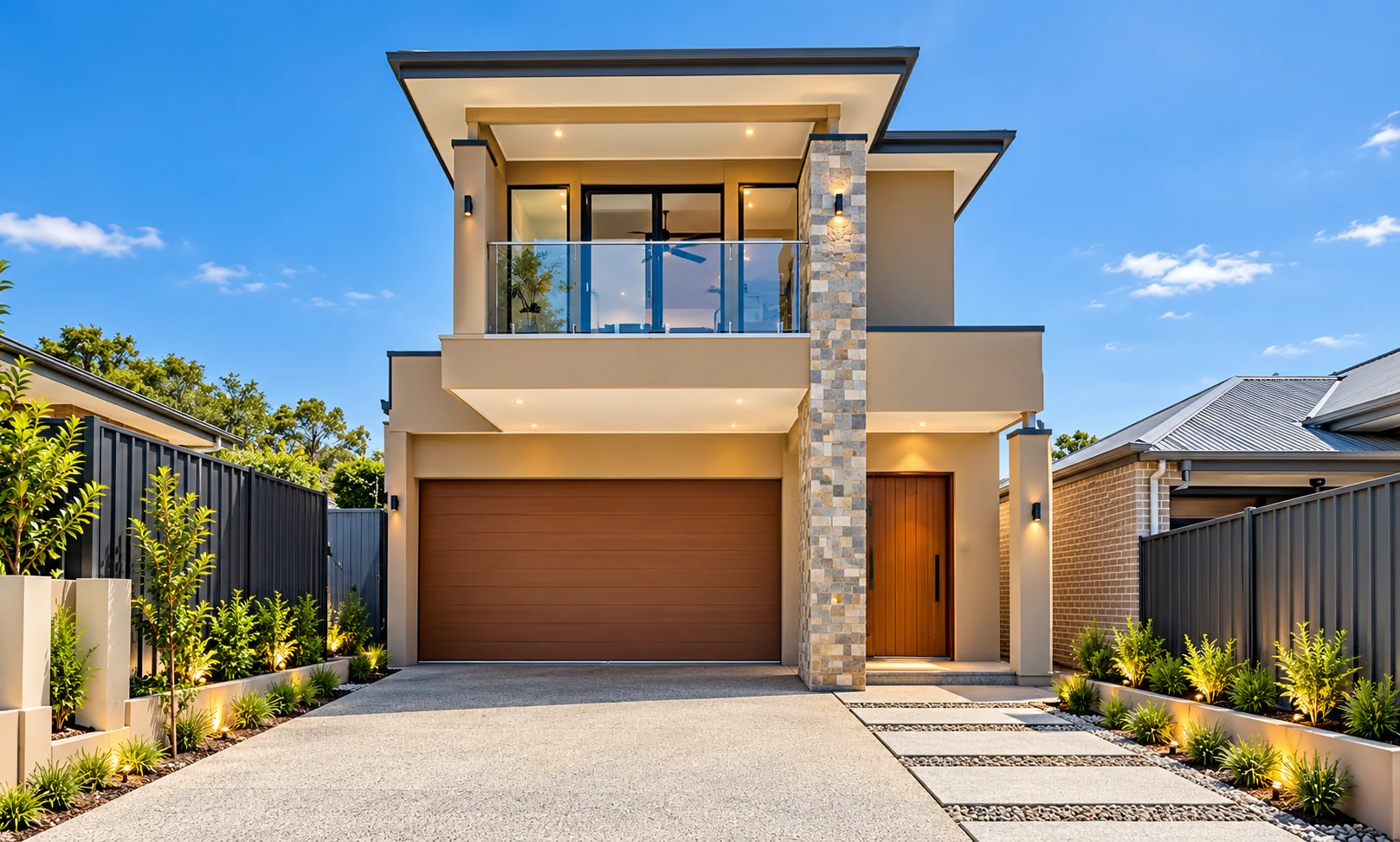 Two-storey home exterior with stone accents