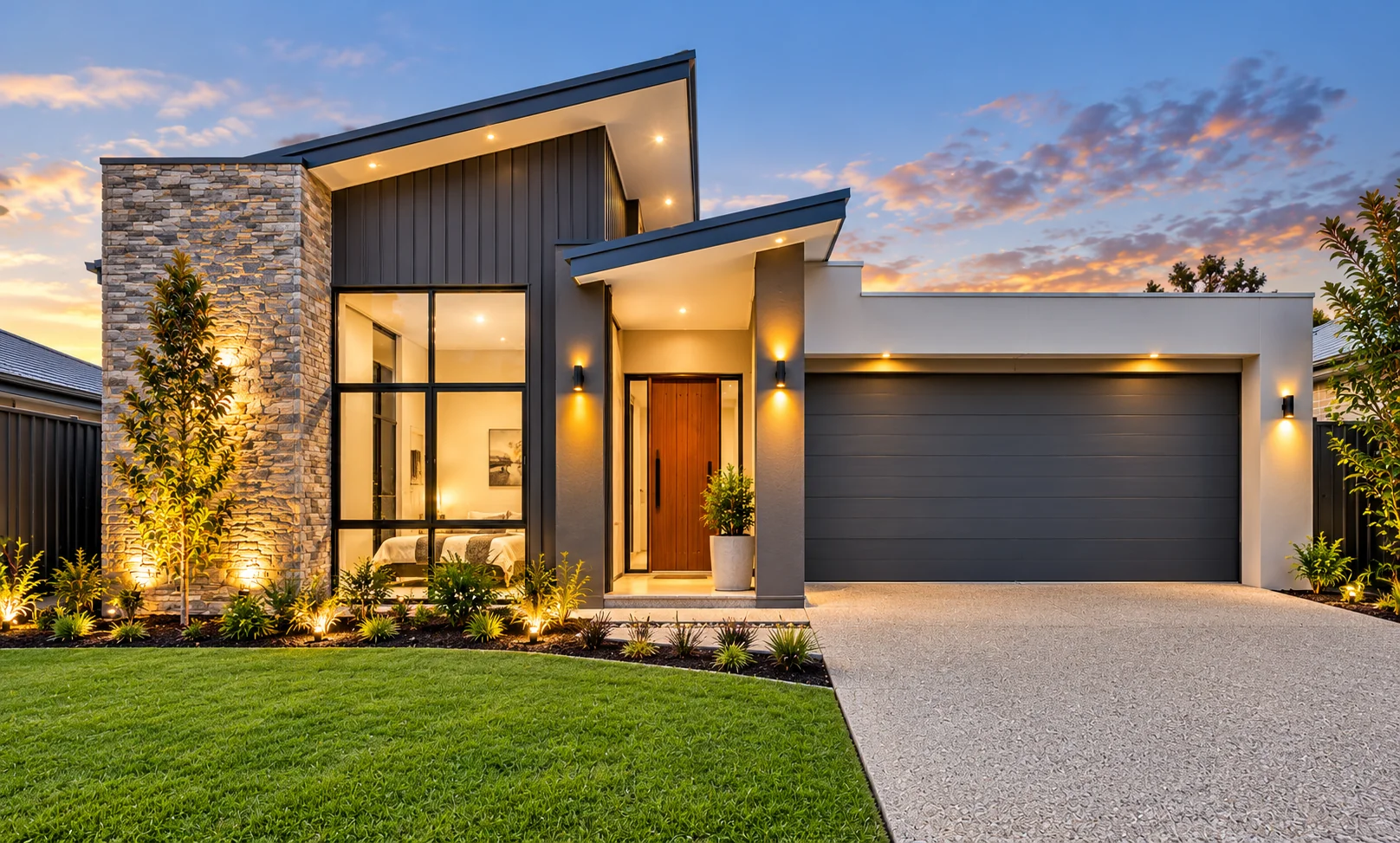 Single-storey home exterior with a sheltered entry and generous garage