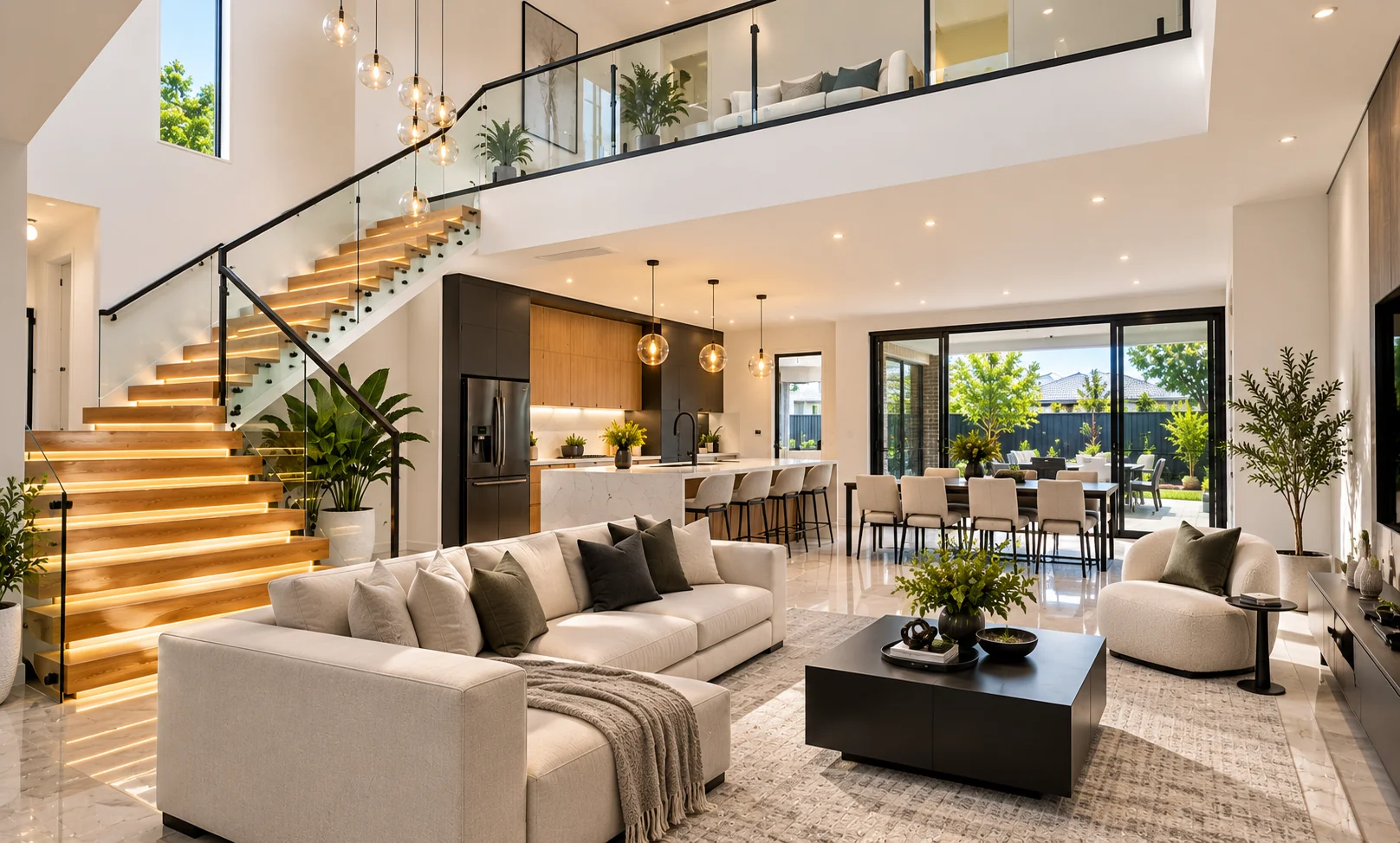 AI-created illustrative concept of open-plan living, kitchen and staircase