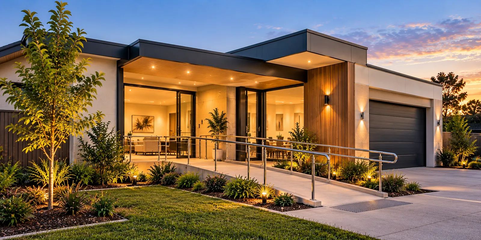 AI-generated accessible home concept at sunset with a ramp and entrance handrails